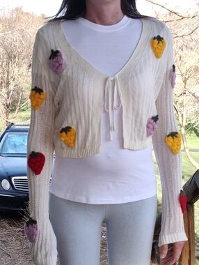 White Tie-Front Crochet Like Crop Cardigan with Fruit Appliqués